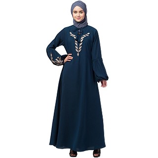 Embroidery abaya with balloon sleeves- Teal 
